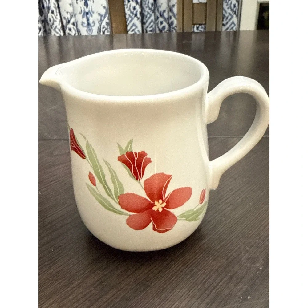 Corelle Coordinates Chutney Stoneware Creamer Pitcher White Red Floral Design